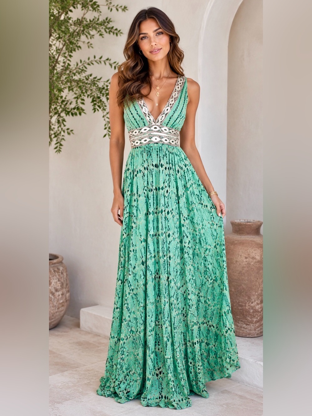 BCBGMaxAzria Green Printed V-Neck Maxi Dress with Ivory Trim - Picture 2 of 9